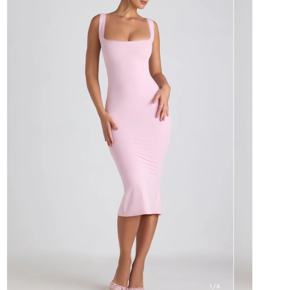 Oh Polly Navi Soft Pink Modal Lace Trim Midaxi Dress US 4 Lace Up Back